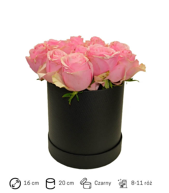 Flower box. Różowe róże w czarnym pudełku. Świeże kwiaty